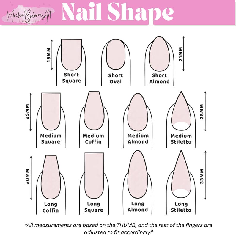 Peut inclure: Sch&eacute;ma des formes d'ongles : Carr&eacute; Court (18mm), Ovale Court, Amande Courte (21mm), Carr&eacute; Moyen (25mm), Cercueil Moyen, Amande Moyenne, Stiletto Moyen (26mm), Cercueil Long (30mm), Carr&eacute; Long, Amande Longue, et Stiletto Long (33mm).