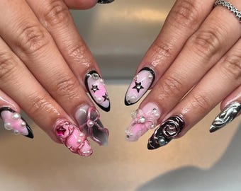 Gothic Coquette Press On Nails, Pink Black Acrylic Gelx Nail Art with 3D Roses, Pearls, Bows, Long Almond Glam Set