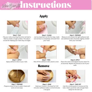 Peut inclure: Instructions pour appliquer et retirer des faux ongles. Les &eacute;tapes comprennent le limage, le nettoyage, la pr&eacute;paration, l'application d'onglets adh&eacute;sifs, le pelage et la pression des ongles. Le retrait implique le trempage et l'utilisation d'un repousse-cuticules.