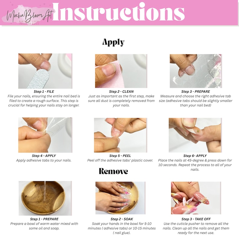 Peut inclure: Instructions pour appliquer et retirer des faux ongles. Les &eacute;tapes comprennent le limage, le nettoyage, la pr&eacute;paration, l'application d'onglets adh&eacute;sifs, le pelage et la pression des ongles. Le retrait implique le trempage et l'utilisation d'un repousse-cuticules.