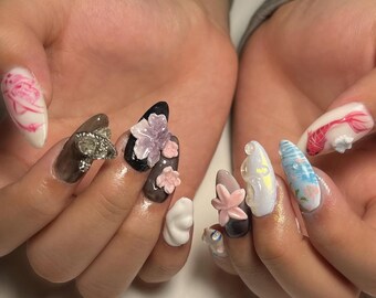 3D Sakura and Butterfly Press On Nails, Japanese Inspired Nail Art with Koi Fish and Moon Design, Elegant Handmade Set