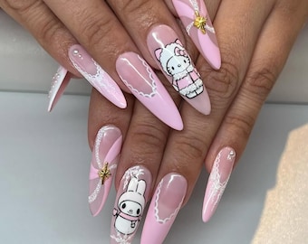 Pink Coquette Bunny Press On Nails: Long Almond Gelx with Lace