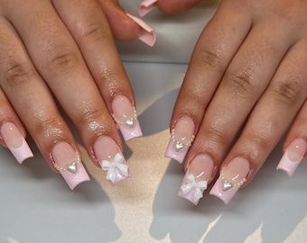 Pink Coquette Bow Press On Nails, Pearl Heart French Tips, 3D Ribbon Design, Soft Girly Acrylic Gelx Square Nails