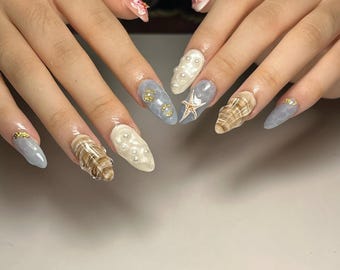 3D Seashell and Pearl Press On Nails, Ocean Inspired Nail Art with Starfish and Wave Effect, Beach Summer Handmade Set