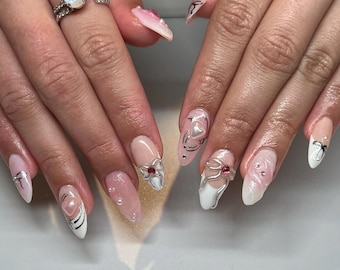 Pink & Silver Heart Press On Nails: 3D Pearl Bow Gelx Nail Art