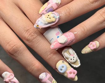 3D Kawaii Pastel Press On Nails, Pink and Cream Bunny Nail Art with Flowers, Bows and Buttons, Handmade Cute Nail Design