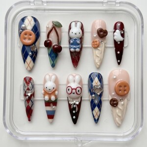 Handmade 3D Bunny Press On Nails, Dark Blue and Burgundy Argyle Fake Nails, Kawaii Dessert and Bow Tie Nails, Stiletto Custom Nails