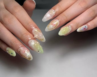 3D Floral Pastel Press On Nails, Green Ombre Nail Art with Gold Foil and Pearl Beads, Handmade Spring Nail Set
