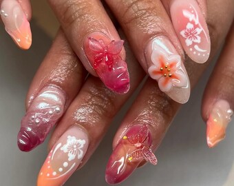 高級サマービーチネイルセット、ユニークな花柄プレスオンネイル、3D