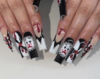 3D Killer Clown Press On Nails, Black and White Harlequin Halloween Nail Art with Red Rhinestones, Creepy Gothic Nail Set