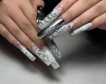 Luxury Chrome 3D Gothic Press On Nails, Silver Molten Metal Dragon Nail Art, Handmade Reusable False Nails