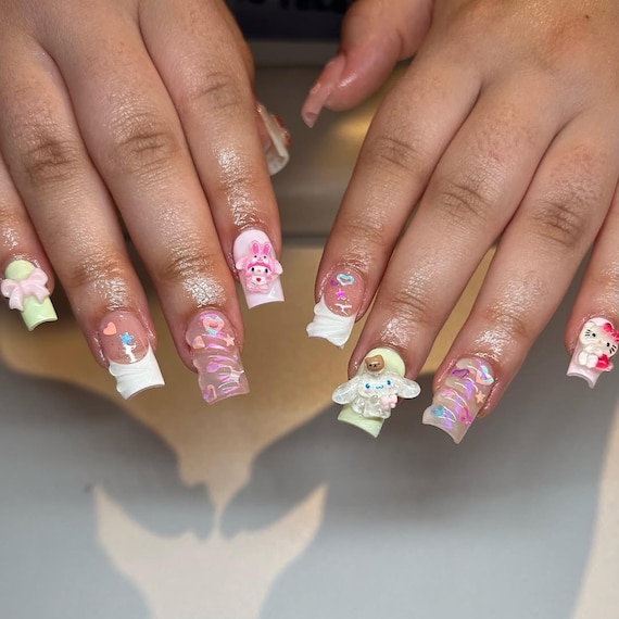 3D Kawaii Sanrio Press On Nails, Hello Kitty, Handmade Gel X Coquette Nail Art