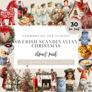 May include: A digital clipart pack with a Swedish Scandinavian Christmas theme. The image features illustrations of a red Dala horse, Santa Claus, a Christmas tree, and traditional baked goods. The text reads "Swedish Scandinavian Christmas clipart pack".