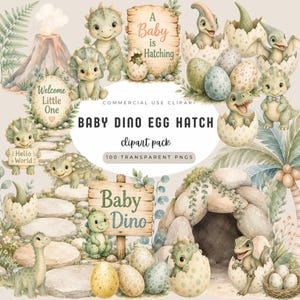 Baby Dino Egg Hatch Clipart, Watercolor Dinosaur Baby Shower PNG, Nursery Decor, Digital Download