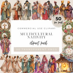 Multicultural Nativity Clipart, Scandinavian Watercolor Holy Family, Three Wise Men, Angels, Global Christmas Scene, Diverse Skin Tones PNG