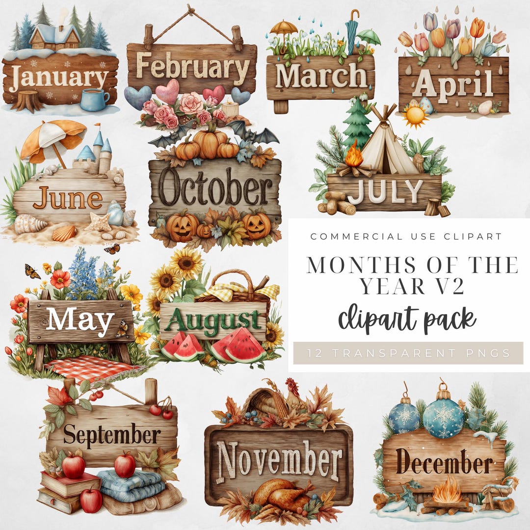 Months of the Year Clipart V2, 12 Months Watercolor Calendar Banner ...