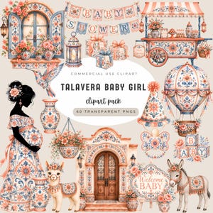 May include: Watercolor clipart pack titled "Talavera Baby Girl" with various illustrations for a baby shower. Includes a pregnant woman, a hot air balloon, a donkey, and a baby carriage, all in a floral and blue color scheme.