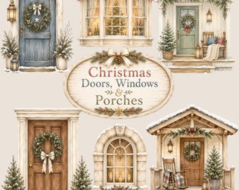 May include: A collection of watercolour-style illustrations featuring Christmas doors, windows, and porches decorated with wreaths, pine garlands, and small trees. A central oval sign displays the text: Christmas Doors, Windows & Porches.