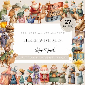Op de afbeelding: Een digitale clipartcollectie met aquarelillustraties van de Drie Wijzen, kamelen, kronen, schatkisten gevuld met goud en juwelen, en een ster. De tekst luidt Three Kings Day, Commercial Use Clipart, Three Wise Men, 27 per pack.