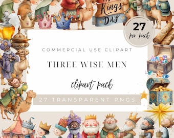 May include: A digital clipart collection featuring watercolor illustrations of the Three Wise Men, camels, crowns, treasure chests filled with gold and jewels, and a star. The text reads Three Kings Day, Commercial Use Clipart, Three Wise Men, 27 per pack.