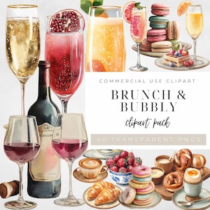 May include: A collection of watercolour illustrations featuring champagne flutes, wine glasses, a wine bottle, macarons, waffles, strawberries, coffee, croissants, doughnuts, and soft-boiled eggs with the text COMMERCIAL USE CLIPART BRUNCH & BUBBLY clipart pack 40 TRANSPARENT PNGS.