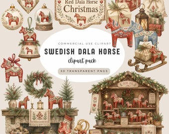 Red Dala Horse Clipart, Scandinavian Floral Folk Art PNG, Swedish Dala Horse Watercolor, Red Kurbits Horse Illustration