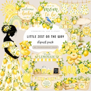 Könnte beinhalten: Ein digitales Clipart-Paket mit Zitronen-Thema, das eine schwangere Frau, Babykleidung, einen Limonadenstand und den Text "Little Zest On The Way" zeigt. Enthält Zitronen, Blumen und die Sätze "welcome baby" und "mom to be".