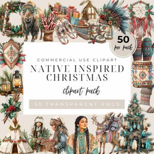 Native Inspired Christmas Clipart, Tribal Christmas Decor, Dreamcatcher, Tipi, Feathers, Indigenous Holiday Art
