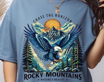 Camiseta vintage de las Montañas Rocosas, camiseta de senderismo de los años 90 con diseño de descubrimiento al aire libre, top gráfico de la naturaleza con colores cómodos