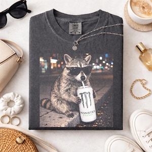 Cool Raccoon Monster Energy Drink Graphic Tee, Fun Animal Lover Shirts, Vintage Raccoons Shirt, Funny Meme Genz Dank Raccoons Shirt