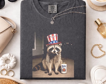 Funny Patriotic Raccoon Shirt, Comfort Colors Raccoon 4th of July Tee, USA Feral Meme Shirt, Beer Raccoon Graphic Tee,Independence Day Shirt