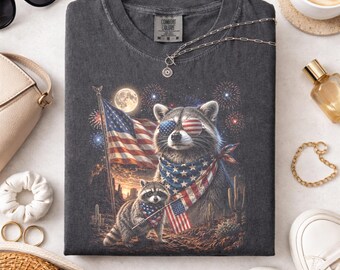 Comfort Colors® America Raccoon Shirt, 4th of July Raccoon Vintage Shirt, Patriotic American Flag Tee, Women's Retro USA Animal T-Shirt