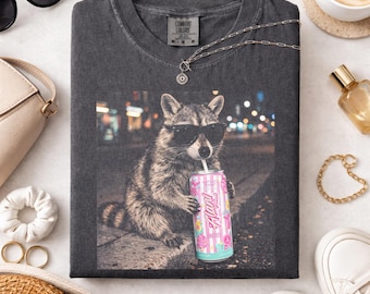 Comfort Colors Raccoon Cotton Candy Drink Graphic Tee, Fun Animal Lover Shirt, Vintage Raccoons Shirt, Funny Meme Genz Dank Raccoons Shirt