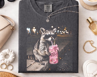Cool Raccoon Pink Dr Peppper Graphic Tee, Fun Animal Lover Shirt, Vintage Raccoons Diet Drinks Shirt, Funny Meme Genz Dank Raccoons Shirt
