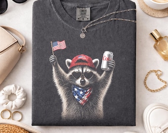 4th of July Raccoon Drinking Soda Comfort Colors Shirt, Funny American Meme Tee, Patriotic American Flag Tee, Womens Retro USA Animal TShirt