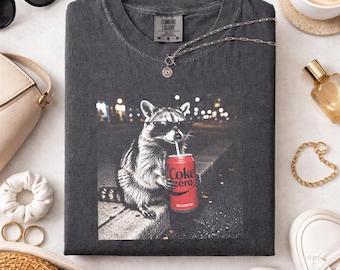 Cool Raccoon Drink Coke Zero Graphic Tee, Fun Animal Lover Shirt, Vintage Raccoons Diet Drinks Shirt, Funny Meme Genz Dank Raccoons Shirt
