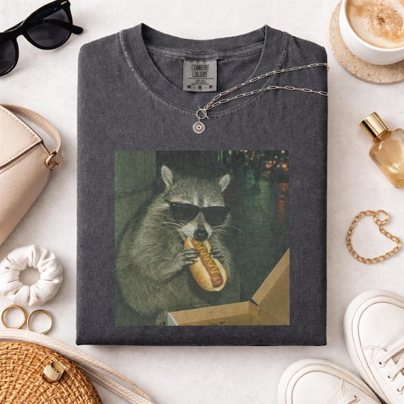 Comfort Colors Raccoon Eating Hot Dog Graphic Tee, Funny Animal Meme Shirt