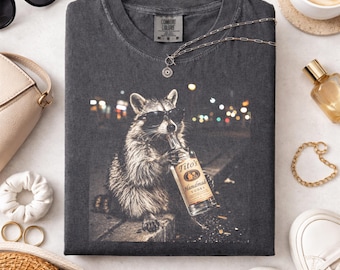 Raccoon Drinking Tito Wine Graphic Tee, Fun Animal Lover Shirt, Vintage Raccoons Shirt, Funny Meme Women's Raccoon Shirt, 90s Retro TShirt
