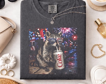 Funny Raccoon Drink Diet Coke Comfort Colors Shirt, Patriotic USA Raccoon Graphic Tee, Drunk Trash Panda Shirt, 4th Of July Party Animal Tee