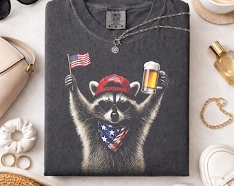 4th of July Raccoon Drinking Beer Comfort Colors Shirt, Funny American Meme Tee, Patriotic American Flag Tee, Womens Retro USA Animal TShirt