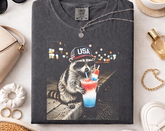 Comfort Colors 4th of July Raccoon Drinking Patriotic Slushie Shirt, Funny American Meme Tee, Popsicle Drink Shirt, Independence Day Shirts