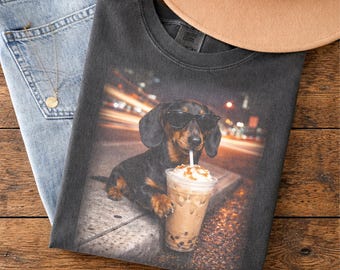 Comfort Colors® Funny Dachshund Drinking Iced Coffee T-shirt, Vintage Dog Shirt, Wiener Dog Tee, Sausage Dog Unisex Tee, Dog Lover Shirt