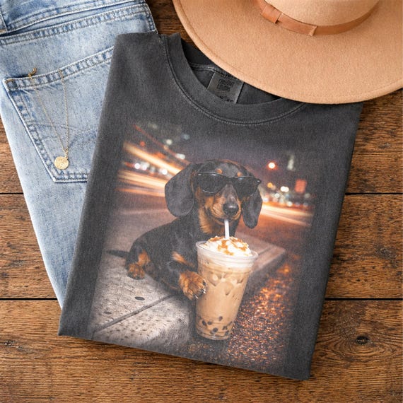 Comfort Colors® Funny Dachshund Drinking Iced Coffee T-shirt, Vintage Dog Shirt, Wiener Dog Tee, Sausage Dog Unisex Tee, Dog Lover Shirt
