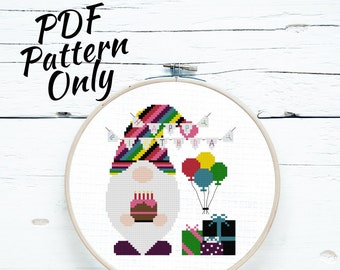 Birthday Gnome cross stitch PDF pattern| Instant Download | modern happy birthday cake presents