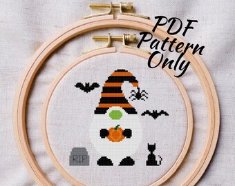 Halloween Gnome cross stitch PDF pattern| Instant Download | modern holiday bat pumpkin black cat tombstone scary