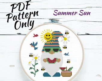 Summer Sun Gnome cross stitch PDF pattern| Instant Download | modern seasonal picnic sunglasses bees flower watermelon