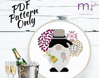 New Years Eve Gnome cross stitch PDF pattern| Instant Download | NYE champagne fireworks midnight