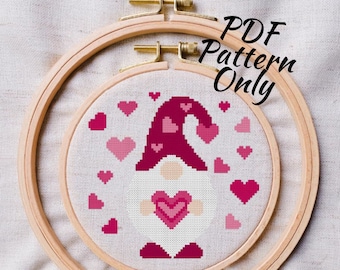 Valentine’s Day Gnome cross stitch PDF pattern| Instant Download | modern holiday love hearts
