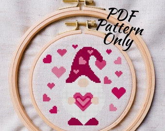 Valentine’s Day Gnome cross stitch PDF pattern| Instant Download | modern holiday love hearts