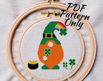 St Patrick’s Day Gnome cross stitch PDF pattern| Instant Download | modern holiday paddy’s day patty’s day lucky 4 leaf clover rainbow
